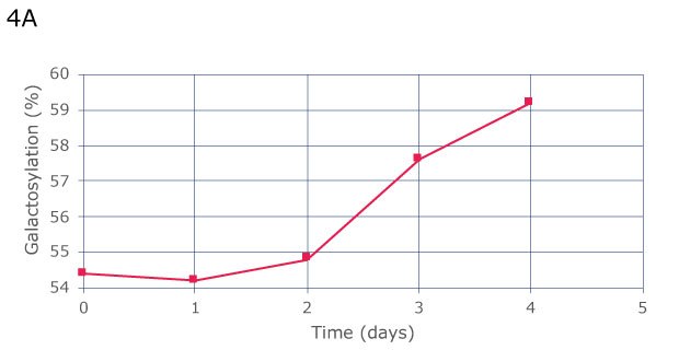 Manual sampling shows a constant increase of galactosylation over 4 days, from 54.5% on day 0 to 59% on day 4. Manual sampling shows a constant increase of galactosylation over 4 days, from 54.5% on day 0 to 59% on day 4.