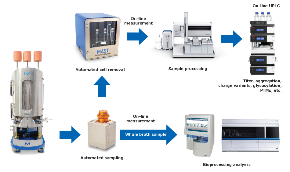 Example workflow in a laboratory using the MAST<sup>®</sup> Autosampling Solution for automated on-line sampling and analysis to support rapid process development. The MAST® Autosampling Solution workflow includes automated sampling and cell removal followed by sample processing and on-line analysis of parameters such as titer, aggregation, charge variants, glycosylation, and post-translational modifications.