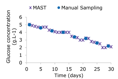 Design space of the Raman calibration models using off-line sampling versus automatic sampling, with direct comparison of manually and automatically sampled glucose concentration measurements in a bioreactor. Graph A shows glucose concentration levels in a bioreactor, decreasing over time. The glucose concentration values measured using manual and automatic sampling match very well, with more frequent measurements possible in the case of automated sampling.