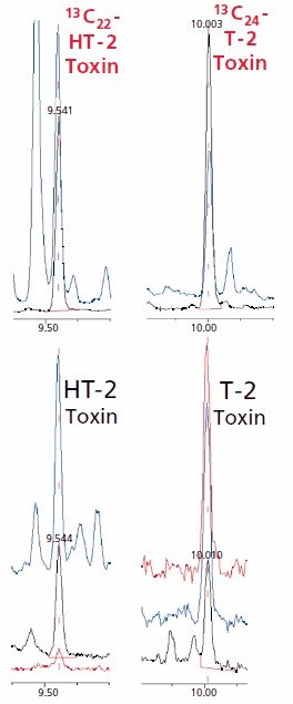 SIM chromatograms of a barley sample contaminated at very low levels. 