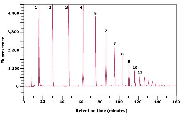 Separation of partially hydrolyzed 2‑AB labeled Dextran Ladder by normal phase HPLC. The numbers indicate glucose units (gu). Separation of partially hydrolyzed 2‑AB labeled Dextran Ladder by normal phase HPLC