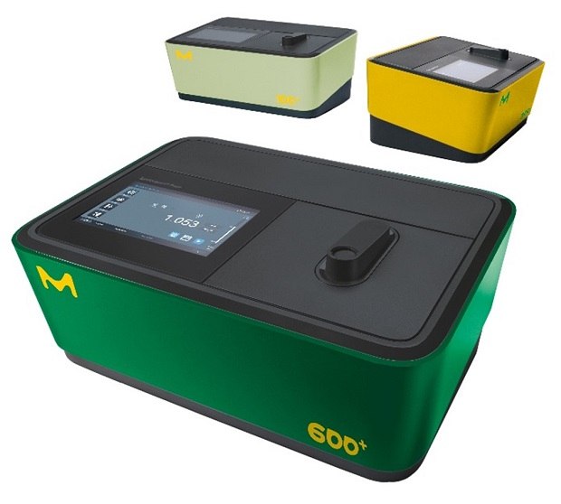 Spectroquant<sup>®</sup> spectrophotometers- Prove 100, Prove 300, & prove 600 Three models of Spectroquant® spectrophotometers: Prove 100 plus, Prove 300 plus, and Prove 600 plus. Each device has a sleek, modern design with a rectangular body. The largest model in the foreground, Prove 600 plus, is green with a black top and features a touchscreen interface displaying measurement data, as well as a slot for sample insertion. The top right corner of the device has a yellow "M" logo and "600+" printed in bold yellow on the front corner. Two smaller models, Prove 100 plus and Prove 300 plus, are placed in the background. Prove 100 plus is light green with a black top, while Prove 300 plus is yellow with a black top. Both also feature touchscreens and the "M" logo.