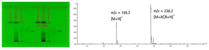 (left) Developed plate at 254 nm. <b>Figure 2.</b> (right) Mass spectrum of caffeine in coffee. Slide and graph of developed plate at 254 nm and mass spectrum of caffeine in coffee.