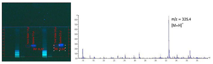 <b>Figure 3.</b> (left) Developed plate at 366 nm; <b>Figure 4.</b> (right) mass spectrum of quinine in tonic water Slide and graph of developed plate at 366 nm and mass spectrum of quinine in tonic water.