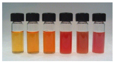 Photographic images of six size-distinguishable selenium colloids. 