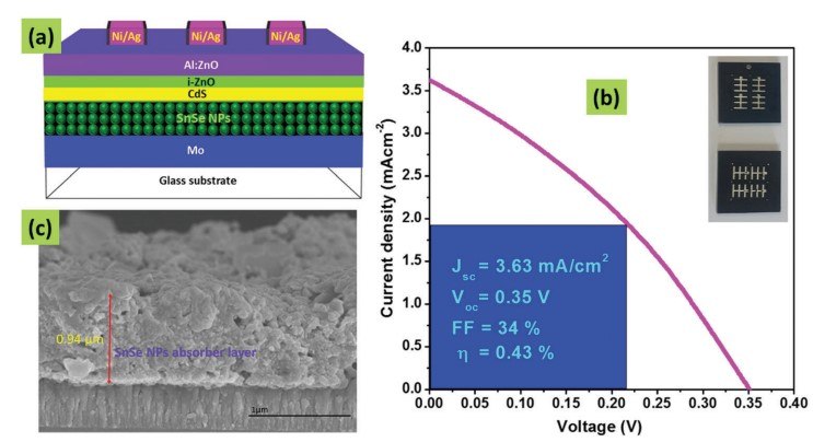 (a) Schematic of the SnSe NPs solar cell. (b) J-V characteristic of the SnSe NPs heterojunction solar cell. (c) Cross-sectional SEM image of the SnSe NPs absorber layer. 