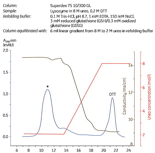 Refolding of lysozyme by gel ﬁltration in a urea gradient.