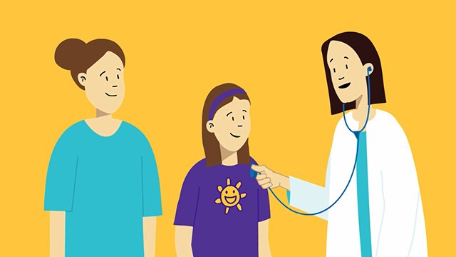 A healthcare professional is examining a smiling child wearing a purple shirt with a sun design, while another individual with their face obscured stands nearby, all against a yellow background.