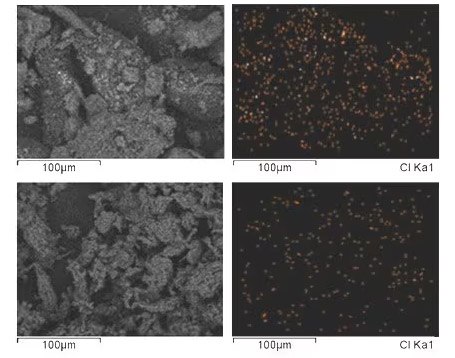 フェノフィブラートを充填したSBA-15のSEMとEDX画像 フェノフィブラートを充填したSBA-15のSEMとEDX画像