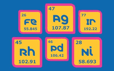 Sample transition metals (iron, silver, irridium, rhodium, palladium, & nickel) in transition metal catalysts. Sample transition metals (iron, silver, irridium, rhodium, palladium, & nickel) in transition metal catalysts.