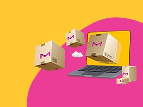 A laptop with an open screen displaying a vibrant yellow background. Surrounding the laptop are several cardboard boxes with the Merck logo, suggesting a theme of shipping or logistics. The boxes appear to be floating, creating a dynamic visual effect.