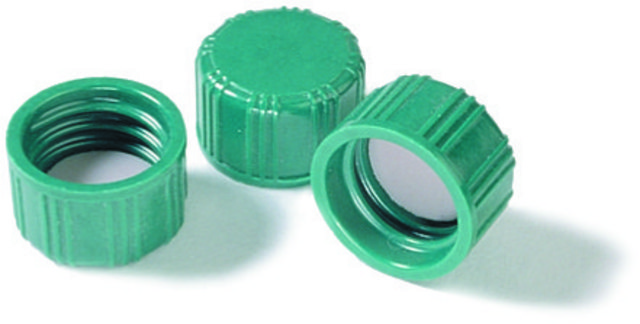 Screw cap, solid top with PTFE liner, pkg 100 green melamine resin solid cap, F217/PTFE liner, for use with 22 mL vial with 20 mm thread