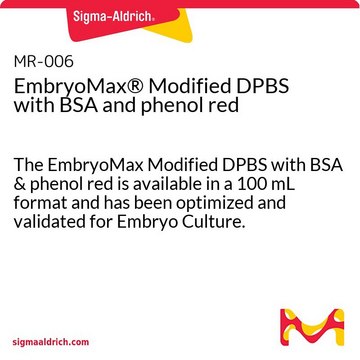 EmbryoMax&#174; Modified DPBS with BSA and phenol red The EmbryoMax Modified DPBS with BSA &amp; phenol red is available in a 100 mL format and has been optimized and validated for Embryo Culture.