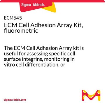 ECM Cell Adhesion Array Kit, fluorometric The ECM Cell Adhesion Array kit is useful for assessing specific cell surface integrins, monitoring in vitro cell differentiation, or screening potential cell adhesion promoters/inhibitors.