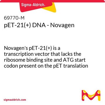 pET-21(+) DNA - Novagen Novagen&#8242;s pET-21(+) is a transcription vector that lacks the ribosome binding site and ATG start codon present on the pET translation vectors.