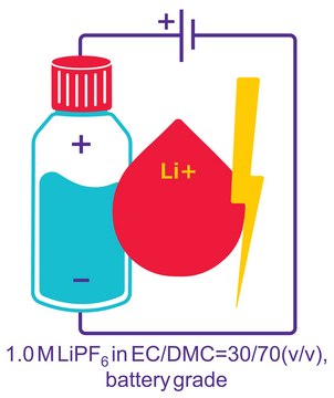 Lithium hexafluorophosphate solution in ethylene carbonate and dimethyl carbonate, 1 M LiPF6 in EC/DMC=30/70 (v/v), battery grade