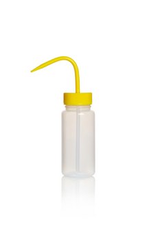 Azlon&nbsp;Square Shoulder Unvented Wash Bottles wide-neck, low-density polyethylene bottle, yellow polypropylene closure, capacity 250&#160;mL