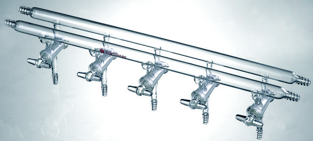 Synthware&#8482; all-glass vacuum/inert gas manifold with hollow high vacuum stopcocks number of ports, 3, Hose Connections: Front-left-right, Rear-left-right