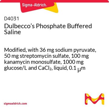 Dulbecco’s Phosphate Buffered Saline Modified, with 36&nbsp;mg sodium pyruvate, 50&nbsp;mg streptomycin sulfate, 100&nbsp;mg kanamycin monosulfate, 1000&nbsp;mg glucose/L and CaCl2, liquid, 0.1 &#956;m filtered, suitable for cell culture