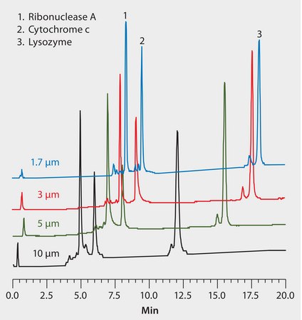 HPLC Analysis of Proteins and Peptides on Proteomix® WCX, Comparison of Different Particle Sizes application for HPLC