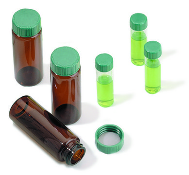 Vials, screw top with solid green Thermoset cap with PTFE liner, preassembled, pkg of 100 volume 2&#160;mL, amber glass vial (standard opening - 4.6 mm), O.D. × H × I.D. 12&#160;mm × 32&#160;mm × 4.6&#160;mm, thread for 8-425