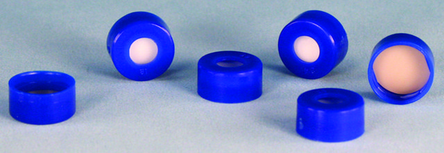 Certified polypropylene bonded caps with septa, pkg of 100 9 mm cap, PTFE/red rubber septum, dark blue polypropylene cap (bonded septa)