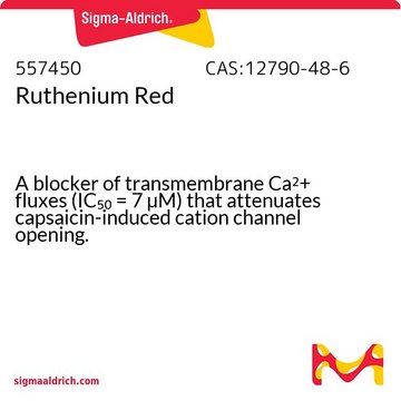 Ruthenium Red A blocker of transmembrane Ca2+ fluxes (IC&#8325;&#8320; = 7 &#181;M) that attenuates capsaicin-induced cation channel opening.