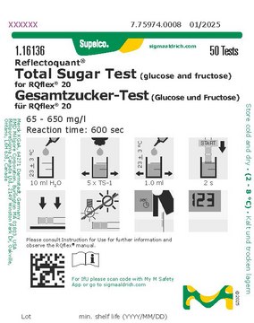 Total Sugar Test (glucose and fructose) reflectometric, 65-650&#160;mg/L (total sugar test - glucose and fructose), for use with REFLECTOQUANT&#174;