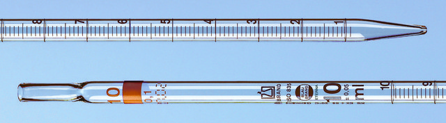 BRAND&#174; BLAUBRAND&#174; ETERNA graduated pipette, calibrated to deliver type 3, (zero on top), capacity 10&#160;mL , with 0.1 subdivisions, suitable for cotton plugs