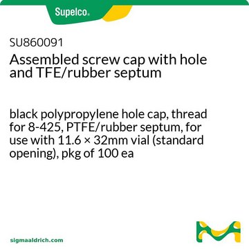 Assembled screw cap with hole and TFE/rubber septum black polypropylene hole cap, thread for 8-425, PTFE/rubber septum, for use with 11.6 × 32mm vial (standard opening), pkg of 100&#160;ea