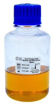 Fluid Thioglycollate Medium (FTM) with 0.5% Beef extract, bottle capacity 300&#160;mL, bottle filling volume 150&#160;mL, suitable for sterility testing, closure type, White screw cap with septum and protector, pack of 12&#160;bottles