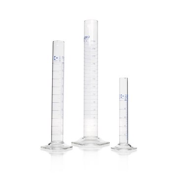 DURAN&#174; measuring cylinder with blue scale ring graduations and hexagonal base glass, cylinder capacity (50&#160;mL), class A, with certificate