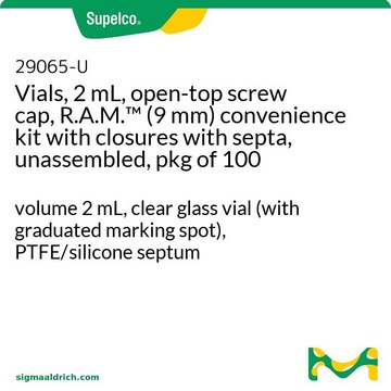 Vials, 2 mL, open-top screw cap, R.A.M.&#8482; (9 mm) convenience kit with closures with septa, unassembled, pkg of 100 volume 2&#160;mL, clear glass vial (with graduated marking spot), PTFE/silicone septum