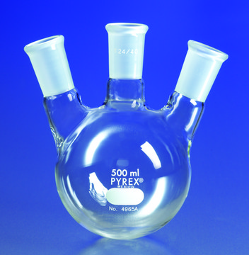 Pyrex&#174; round-bottom three neck angle type distilling flask capacity 1,000&#160;mL, center joint: ST/NS 24/40, side joint: ST/NS 24/40