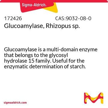 Glucoamylase, Rhizopus sp. Glucoamylase is a multi-domain enzyme that belongs to the glycosyl hydrolase 15 family. Useful for the enzymatic determination of starch.