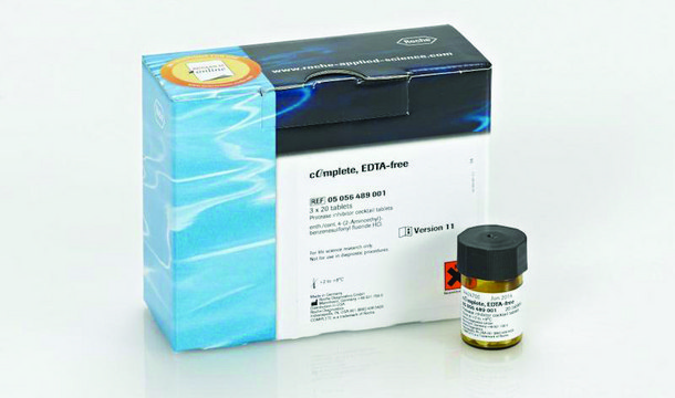 cOmplete&#8482;, EDTA-free Protease Inhibitor Cocktail Tablets provided in glass vials