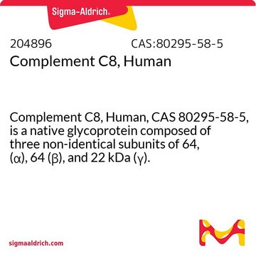 Complement C8, Human Complement C8, Human, CAS 80295-58-5, is a native glycoprotein composed of three non-identical subunits of 64, (&#945;), 64 (&#946;), and 22 kDa (&#947;).