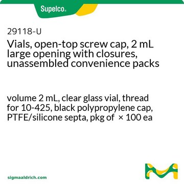 Vials, open-top screw cap, 2 mL large opening with closures, unassembled convenience packs volume 2&#160;mL, clear glass vial, thread for 10-425, black polypropylene cap, PTFE/silicone septa, pkg of × 100&#160;ea