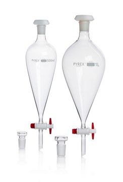 Pyrex&#174; Separating funnel, pear-shape, glass key 50&#160;mL, glass stopper, PE stopper, pack of 1&#160;ea