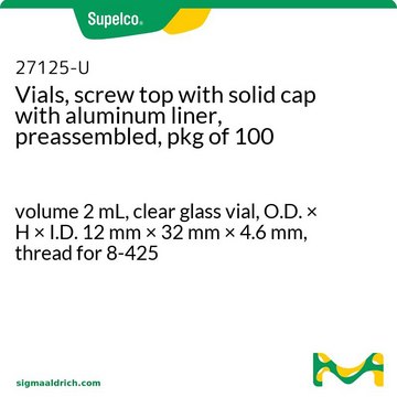 Vials, screw top with solid cap with aluminum liner, preassembled, pkg of 100 volume 2&#160;mL, clear glass vial, O.D. × H × I.D. 12&#160;mm × 32&#160;mm × 4.6&#160;mm, thread for 8-425