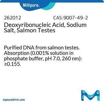 Deoxyribonucleic Acid, Sodium Salt, Salmon Testes Purified DNA from salmon testes. Absorption (0.001% solution in phosphate buffer, pH 7.0, 260 nm): &#8805;0.155.