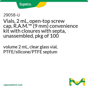 Vials, 2 mL, open-top screw cap, R.A.M.&#8482; (9 mm) convenience kit with closures with septa, unassembled, pkg of 100 volume 2&#160;mL, clear glass vial, PTFE/silicone/PTFE septum