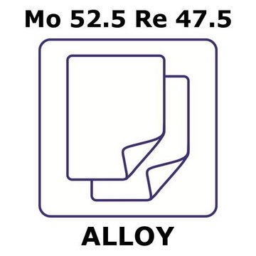 Molybdenum-rhenium alloy, Mo52.5Re47.5 foil, 50 x 50mm, 0.125mm thickness, annealed