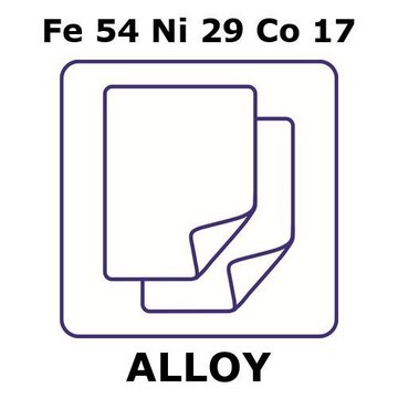 Glass Sealing Alloy, Fe54Ni29Co17 foil, 50 x 50mm, 0.025mm thickness, annealed, light tight (lt)