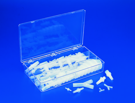 Tubing fitting assortment kit stored in a clear PS box