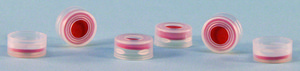 Closures for Snap Ring vials clear polyethylene cap, red PTFE/silicone, thread for 11 mm (snap ring), pkg of 100&#160;ea