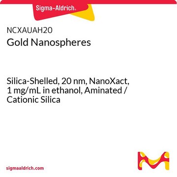 Gold Nanospheres Silica-Shelled, 20&#160;nm, NanoXact, 1&#160;mg/mL in ethanol, Aminated / Cationic Silica