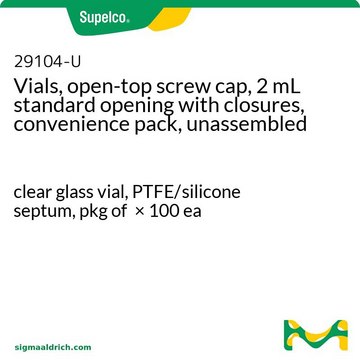 Vials, open-top screw cap, 2 mL standard opening with closures, convenience pack, unassembled clear glass vial, PTFE/silicone septum, pkg of × 100&#160;ea