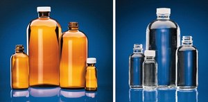 Wheaton narrow mouth bottles with caps capacity 4&#160;oz (125&#160;mL), clear, black plastic cap, Poly-Seal&#174; cone liner