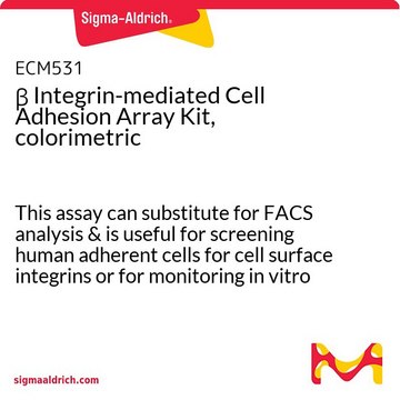 &#946; Integrin-mediated Cell Adhesion Array Kit, colorimetric This assay can substitute for FACS analysis &amp; is useful for screening human adherent cells for cell surface integrins or for monitoring in vitro cell differentiation or genetic modification of cells.